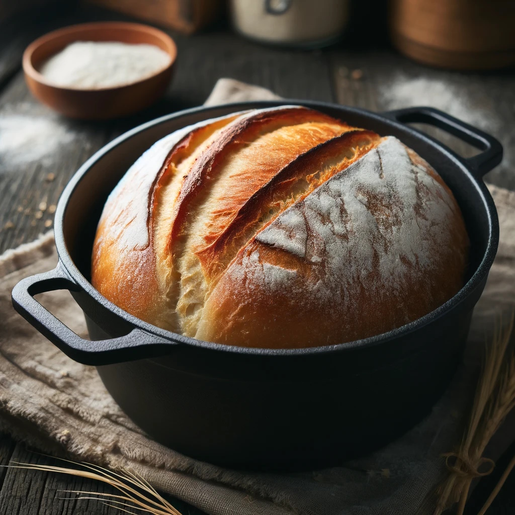 una-pagnotta-di-pane-appena-sfornata-in-una-pentola-in-ghisa